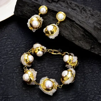 

GG Jewelry Natural Quartz Cultured White freshwater Pearl White Quartzs Druzy Cluster gold plated Dangle Earrings Bracelet Sets
