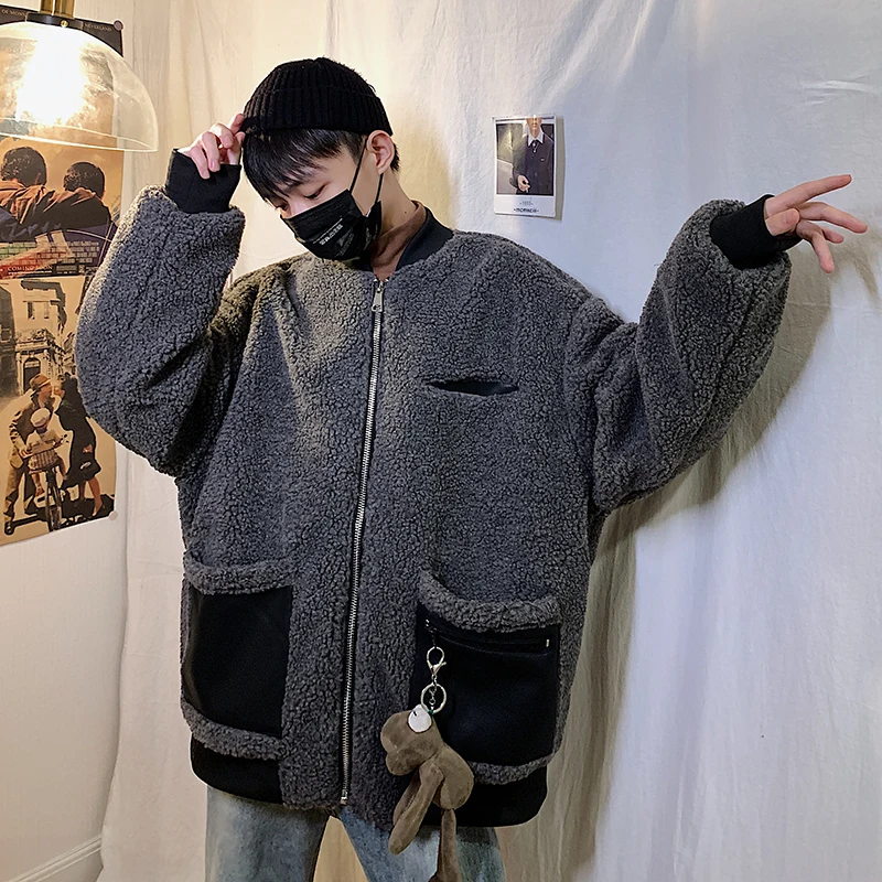 black Winter Lamb Hair Jacket Men's Warm Thick Fashion Parka Men Cross Color Casual Baseball Collar Coat Man Wild Loose Cotton Jacket - Цвет: black