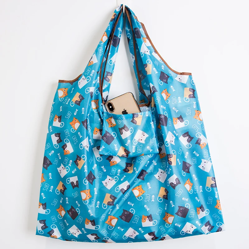 Местный склад магический стиль нейлон большая сумка эко многоразовые полиэстер Портативная сумка Зеленый складной мешок хозяйственная сумка - Color: blue cat