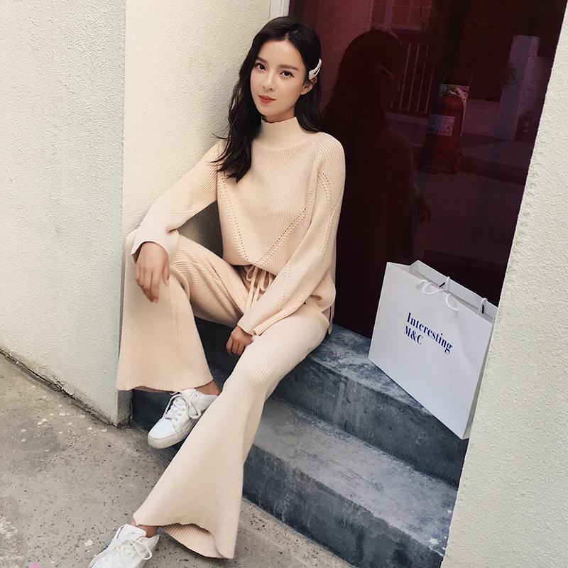 

Autumn Women Two Piece Set Top and Pants Turtleneck Pullover Sweater Elastic Waist Wide Leg Pants Suits Women Tracksuits Outfits