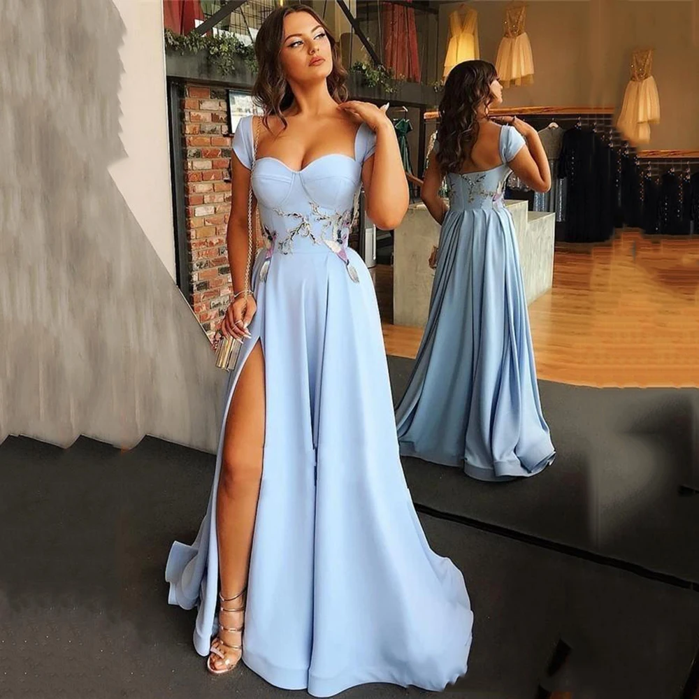 Eightree Sky Blue Formal Prom Party Dresses 2020 Sexy Side Split Appliques Evening Gowns Cap Sleeve Sweetheart Prom Dresses