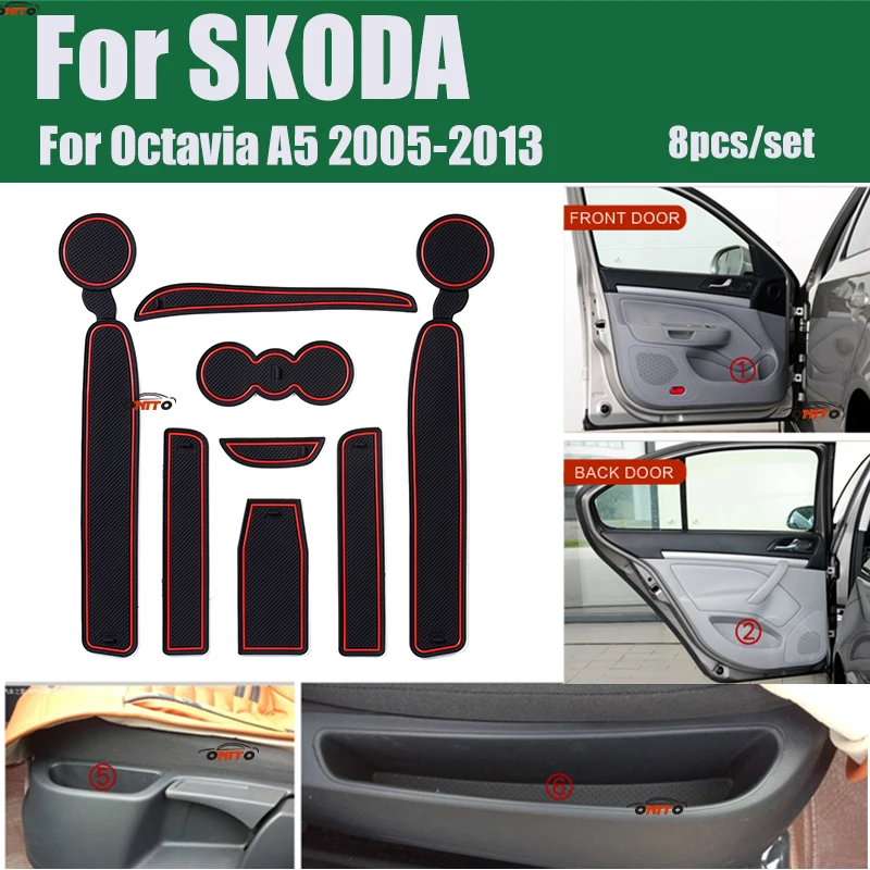 

HOT 8pcs/set For Skoda OCTAVIA A5 2005-2013 Cup Mat Decoration Slot Gate Pad Covers Anti-slip Rubber Door Groove Pad Covers