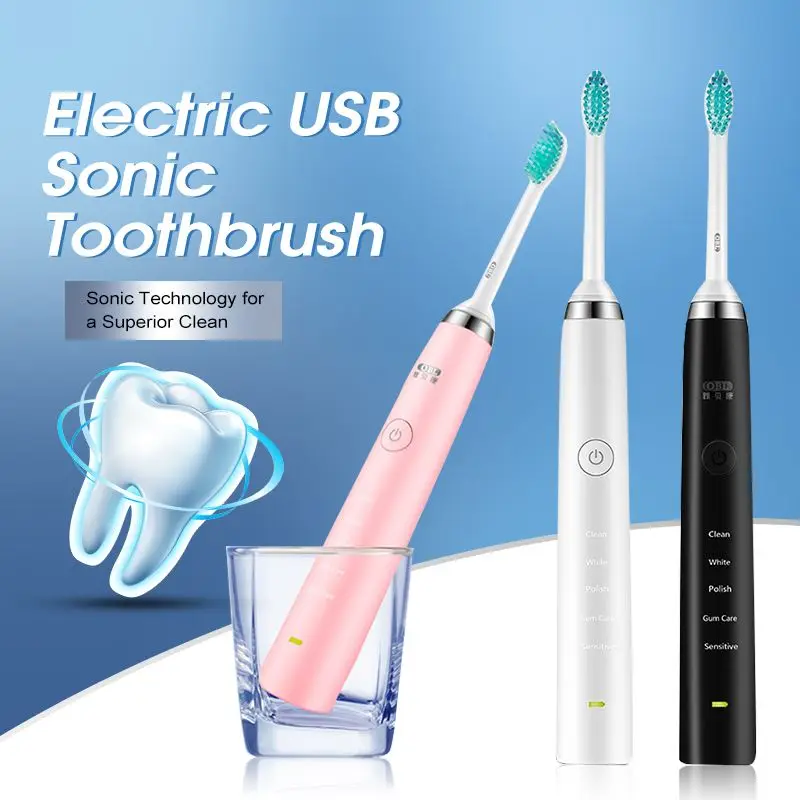 Водонепроницаемая электрическая ультразвуковая зубная щетка, перезаряжаемая через USB, умный таймер, отбеливающая зубная щетка со сменной головкой зубной щетки