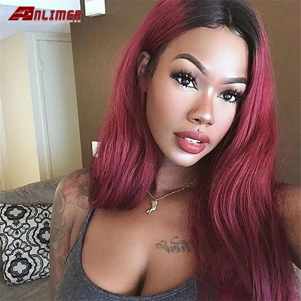 

Anlimer 1bT99j Burgundy Straight Ombre Wig For Women Peruvian Silky Straight Wig Remy Hair Pre Plucked
