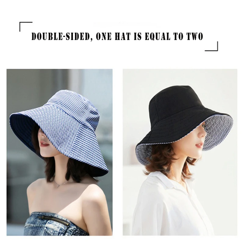 Dames gestreepte dubbelzijdige bucket hat met brede rand, opvouwbare Panama-pet met zonbescherming voor meisjes, geschikt voor buitenactiviteiten, stranduitjes en visserpet_voghion.com