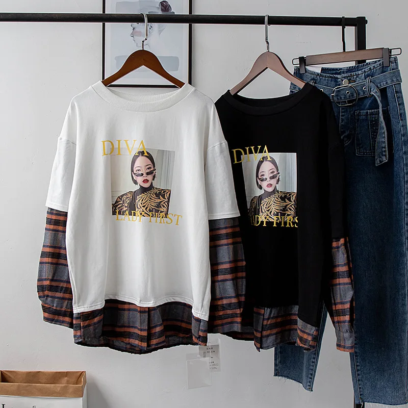 New printed fake two-piece female round neck loose plaid stitching top |