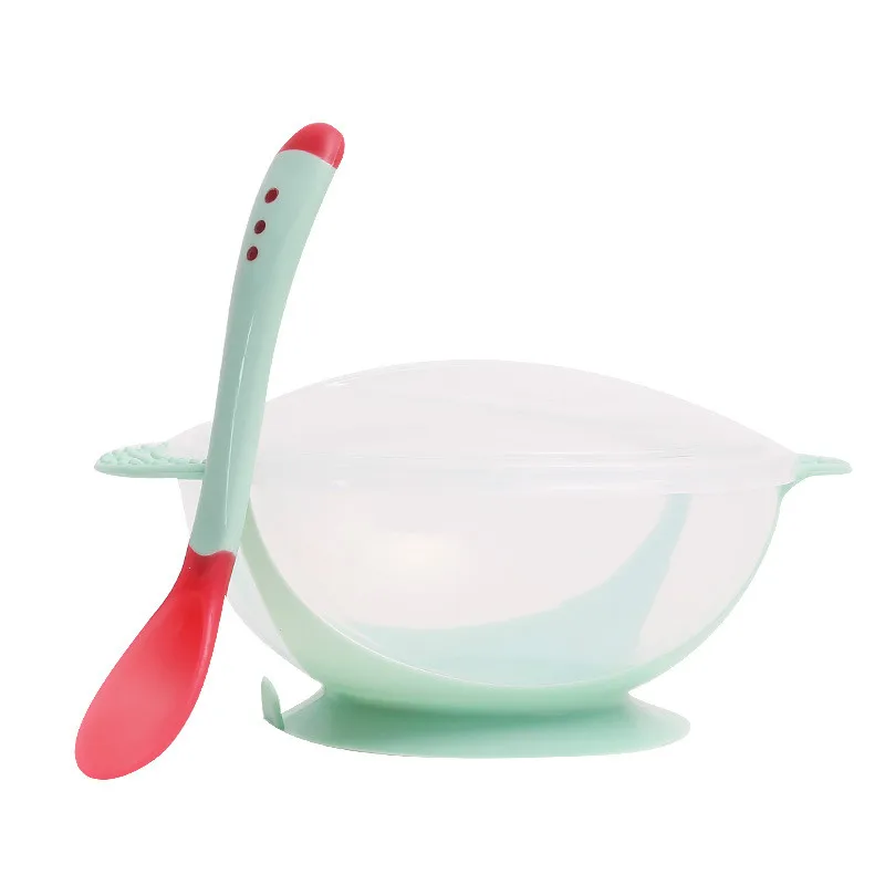 green bowl spoon Набор для кормления ребенка, миска, ложка на присоске, детская посуда, обучающая посуда, миска для еды, миска для кормления детей - Color: green bowl spoon
