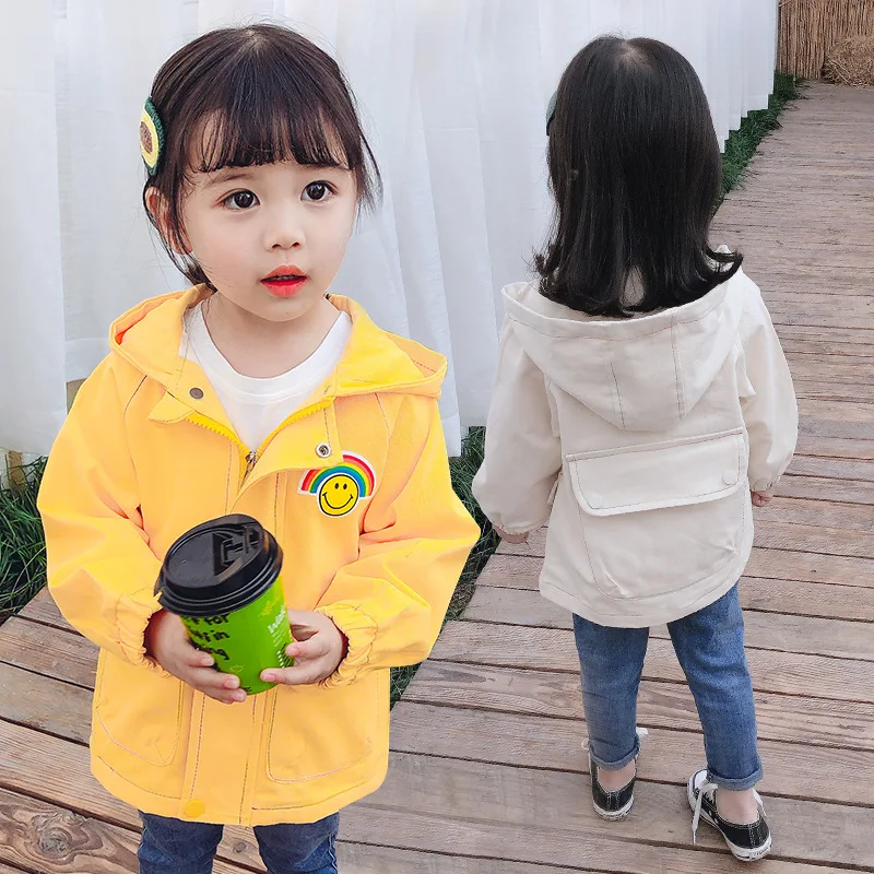 

Women's Small CHILDREN'S Casual Coat 2020 Spring Clothing New Style Cotton Cloth Mid-length Cartoon Smiley Rainbow Hooded Trench