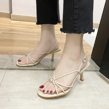 

White Gladiator Sandals Summer Office High Heels Shoes Woman Ankle Strap Sandal For Party Shoes Women Casual Heels Sandals