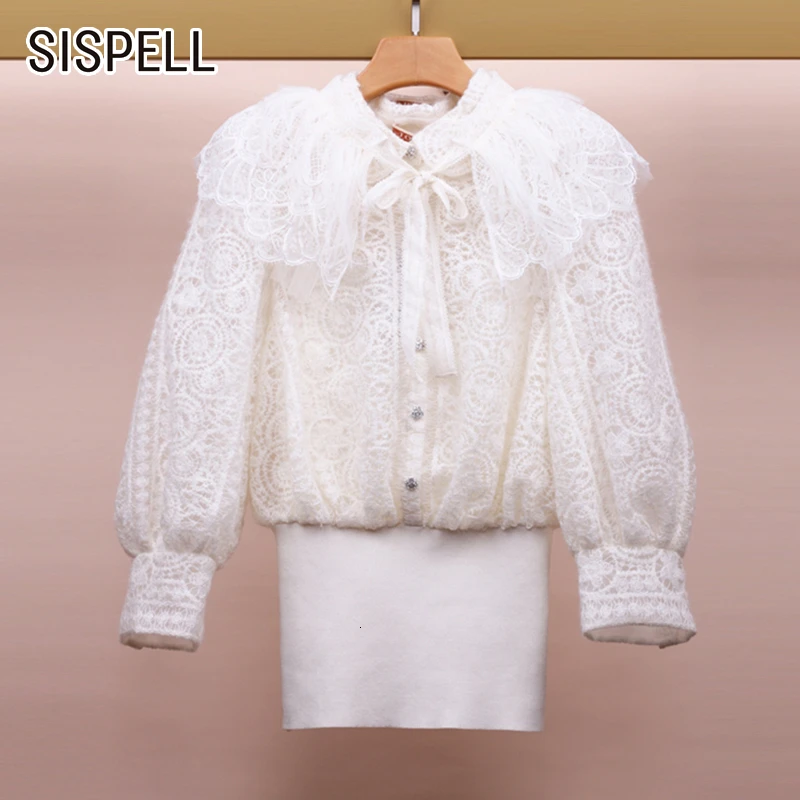 SISPELL вязаный белый лоскутный кружевной свитер для женщин воротник с лацканами фонарь длинный рукав кардиган полые свитера женский