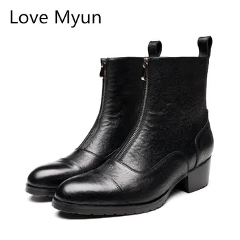 

Genuine Leather Men Boots Men's High Heels Business Work Dress High Top Chelsea Boots Autumn Winter Warm Plush Snow Boots 37-44