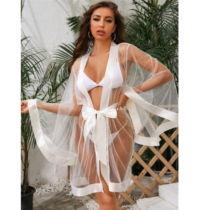 Bikini cover-up beach dress sexy swimwear summer mesh see-through bandage swimming suit white hot outfit