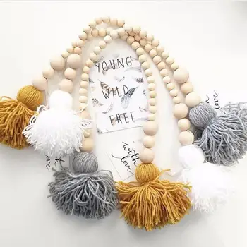 

Hot 1Pc Nordic Style Tassel Wooden Beads Tassel Ball Garland Wall Hanging Ornament Kids Room Photography Prop DIY
