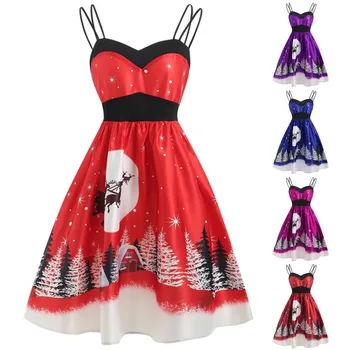 

2019 Christmas Print Women Ladies Plus Size Dress Fashion Vintage Christmas Robe Sleeveless V Neck Printed Cami Party Dress #C10