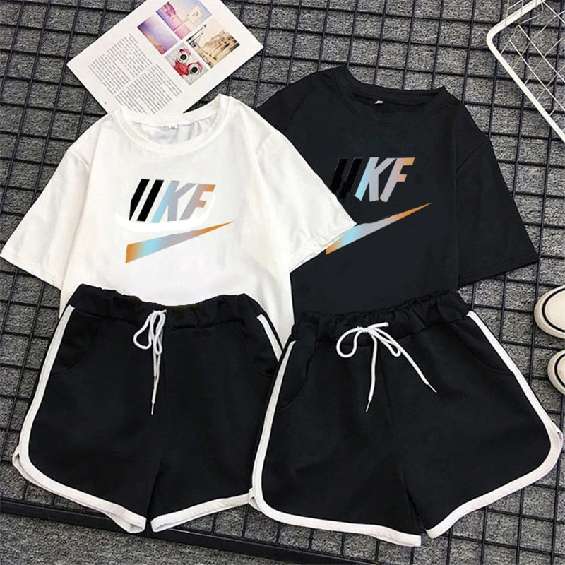 Conjunto deportivo S-5XL de talla grande para mujer, Camisetas estampadas con letras y pantalones cortos, 2 piezas, ropa informal de verano, 2021
