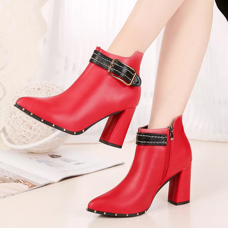 

Europe And America Rivet Thick With Martin Boots 2019 Winter New Color Matching Belt Buckle Pointed High Heels Boots Women