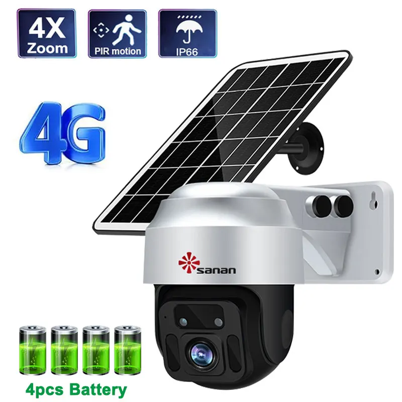 1080P 4G PTZ Cámara Tarjeta SIM Cámaras IP Exterior Inalámbrico 6W Panel solar Con pilas Control remoto monitor de Sin Internet Alarma PIR