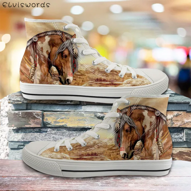ELVISWORDS 3D Painting Horse Black High Top Women Casual Canvas Shoes Womens Vulcanize Flats Shoes Spring Woman Girls Sneakers Clear