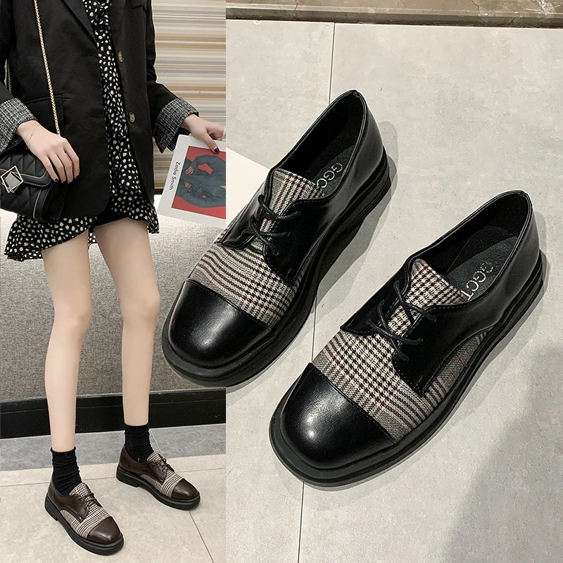 

2020 Spring Women Oxford Shoes Plaid Lace Up Casual Shoes Woman Sneakers Patchwork Brogue Platform Shoes zapatos mujer 8019N