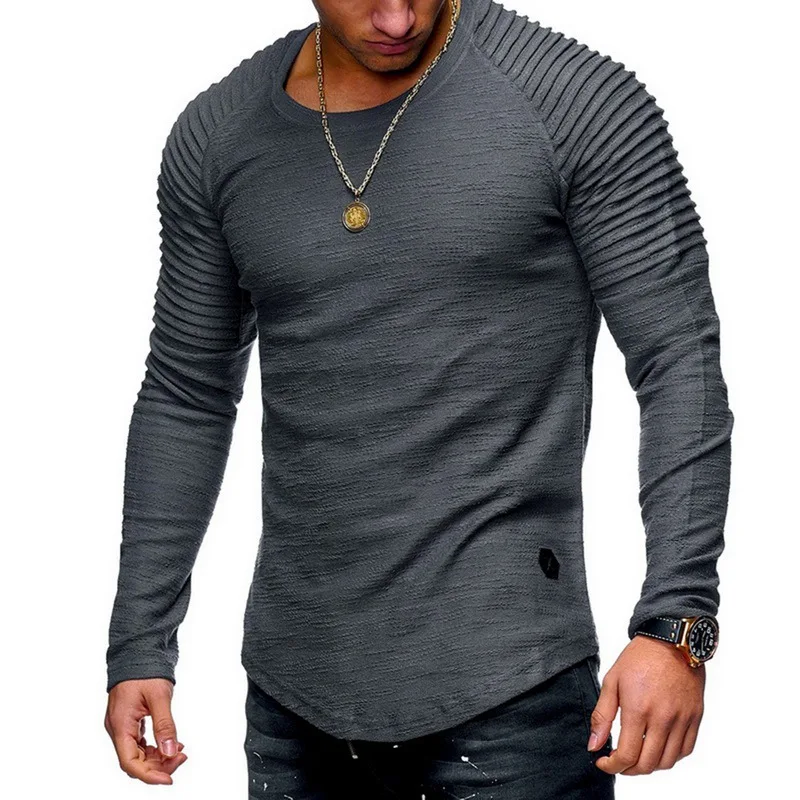 

2019 New Fashion Men's Round Neck Slim Solid Color Long-sleeved T-shirt Striped Fold Raglan SleeveT shirt Men Tops Tees