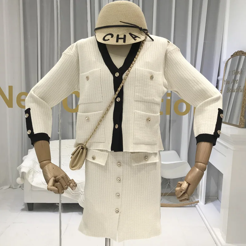 

Amolapha Women England Style Single Button Pocket Knitted Cardigan Jackets+Buttons Skirts Knit Two Pieces Sets