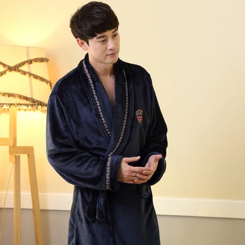 Ночной халат, мужское повседневное кимоно, халат, Осень-зима, фланелевый Халат с длинными рукавами, Толстая теплая Пижама, плюс размер, 2XL, Мужская Ночная рубашка - Цвет: 7603