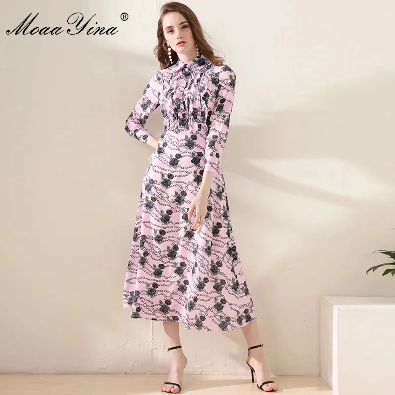 

MoaaYina Fashion Designer Runway dress Spring Autumn Women Dress Turn-down Collar Ruffles Stripe Print Dresses