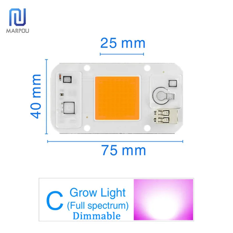 Светодиодный светильник с регулируемой яркостью, COB, чип-объектив, абажур, отражатель, светильник для выращивания, полный спектр, Smart IC 50 Вт, 30 Вт, 20 Вт, AC 220 В, светодиодный светильник с бусинами, сделай сам - Испускаемый цвет: C-Grow Light Dim