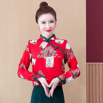 

COIGARSAM National Wind blouse women New Spring Vintage Full Sleeve Chiffon blusas womens tops and blouses Pink Red 6337