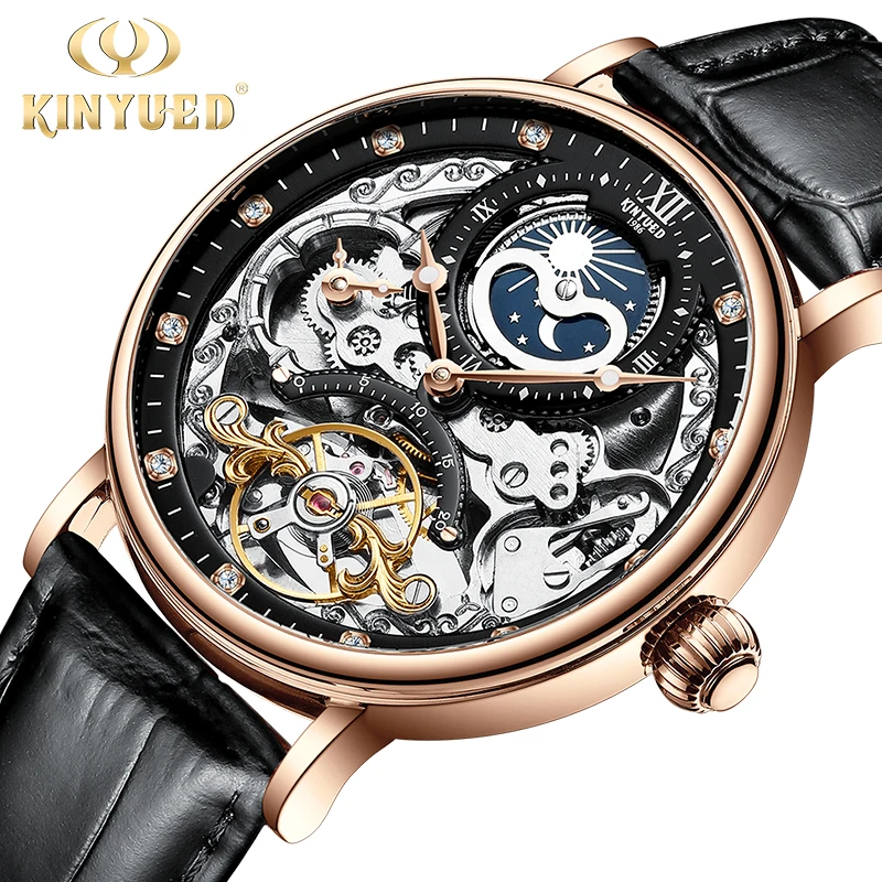 KINYUED, водонепроницаемые мужские Tourbillon часы с скелетом, лучший бренд, роскошные прозрачные механические часы с фазой Луны, спортивные мужские наручные часы - Цвет: Black Rose gold