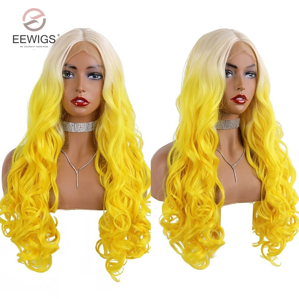 Ombre Yellow EEWIGS 2"-26" термостойкие синтетические парики на шнурках спереди с естественными волосами 180% Плотность 13x4 Омбре парики для черных женщин - Цвет: Ombre Yellow