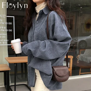 

FLOYLYN Vintage Women Corduroy Coats Turn Down Collar Female Cardigans Single Breasted Outwear Loose Jackets Autumn Winter 2020