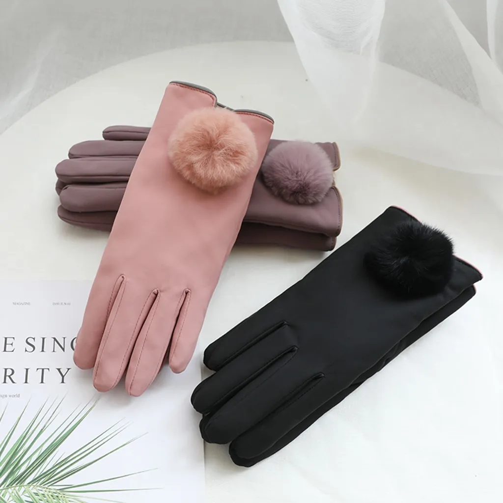 Ladies'Furry нагревательный шар декоративные дышащие теплые кожаные перчатки теплые кашемировые милые однотонные роскошные женские перчатки для вождения