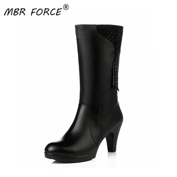 

MBR FORCE New Woman Boots Made Of Genuine Leather Warm Thick Wool Women's Winter Boots High-heeled Fashion Mid-calf boots Women