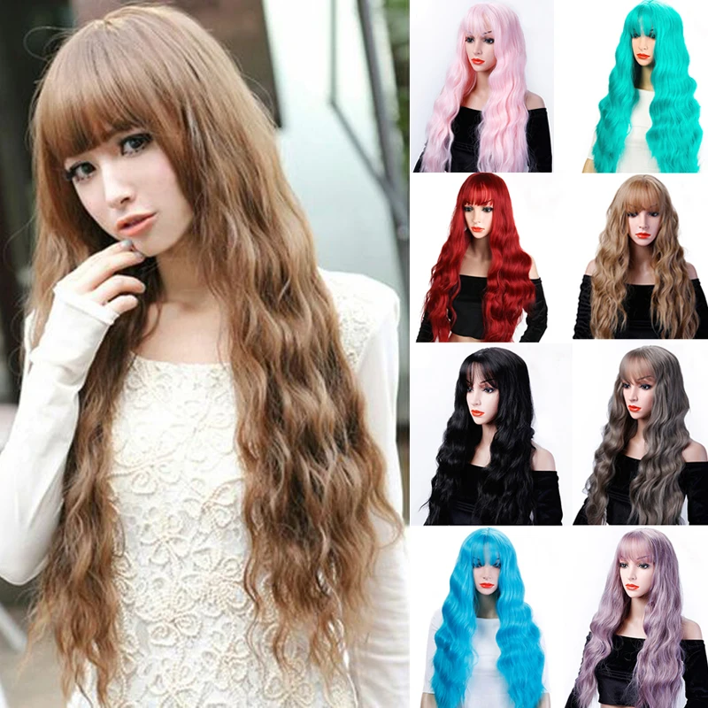 DIANQI negro marrón rojo gris de la onda de agua pelucas con flequillo resistente al calor sintético cosplay del pelo pelucas para mujeres pelucas