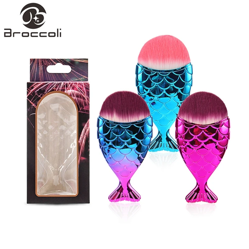 

Broccoli 1Pcs Professional Mermaid Shape Makeup Brush Foundation Cosmetic Fish Brush Makeup Tools Kit Powder Face Blush Brush