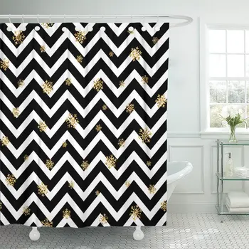 

Christmas Gold Snowflake Golden Snowflakes on Black and White Zig Zag Winter Snow Symbol Holiday New Year Bathroom Curtain Water