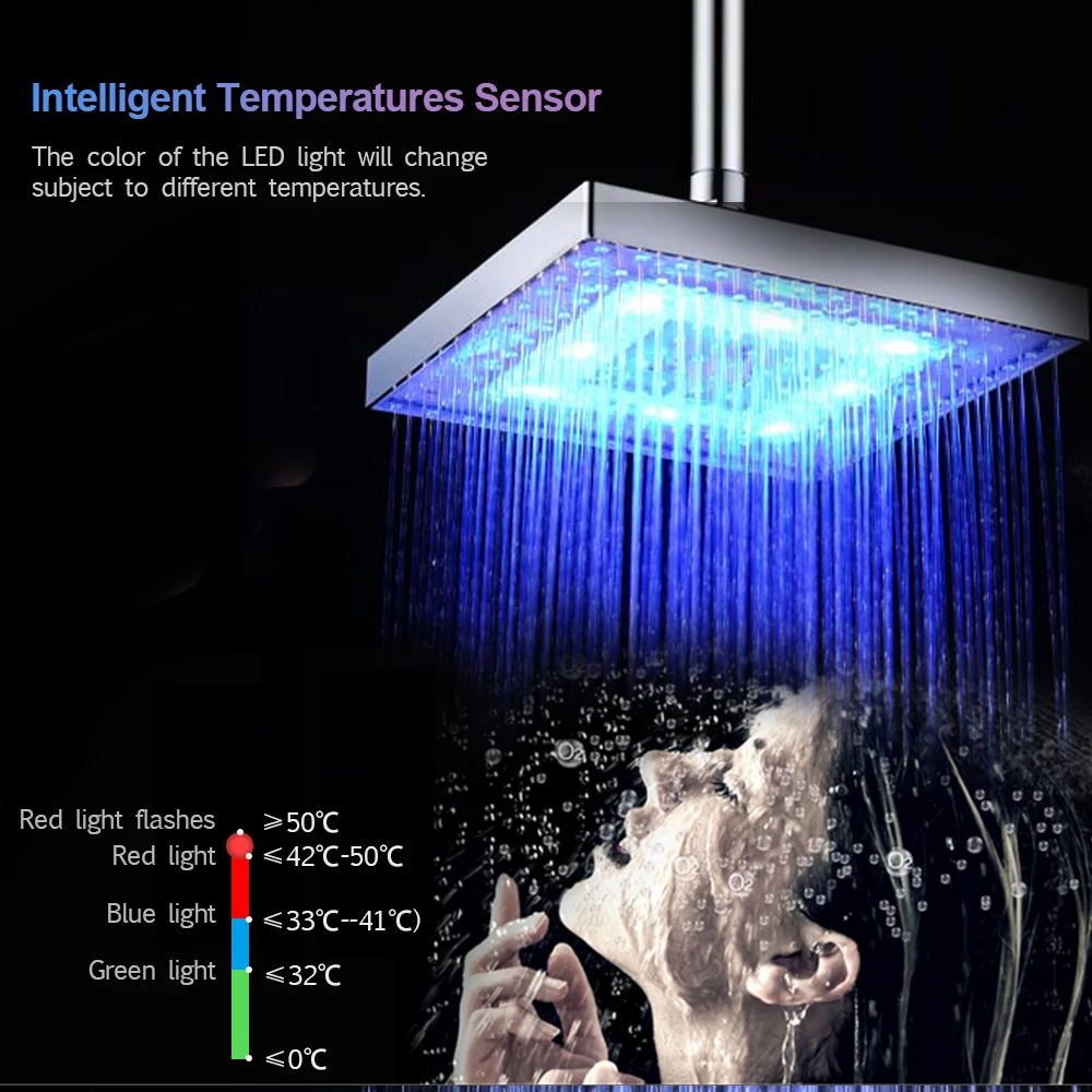 LED Rainfall Shower Head Square Shower Head Automatically RGB Color-Changing