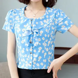 Blusa feminina chiffon estampa flores e babados, camisa feminina manga curta botões 2021