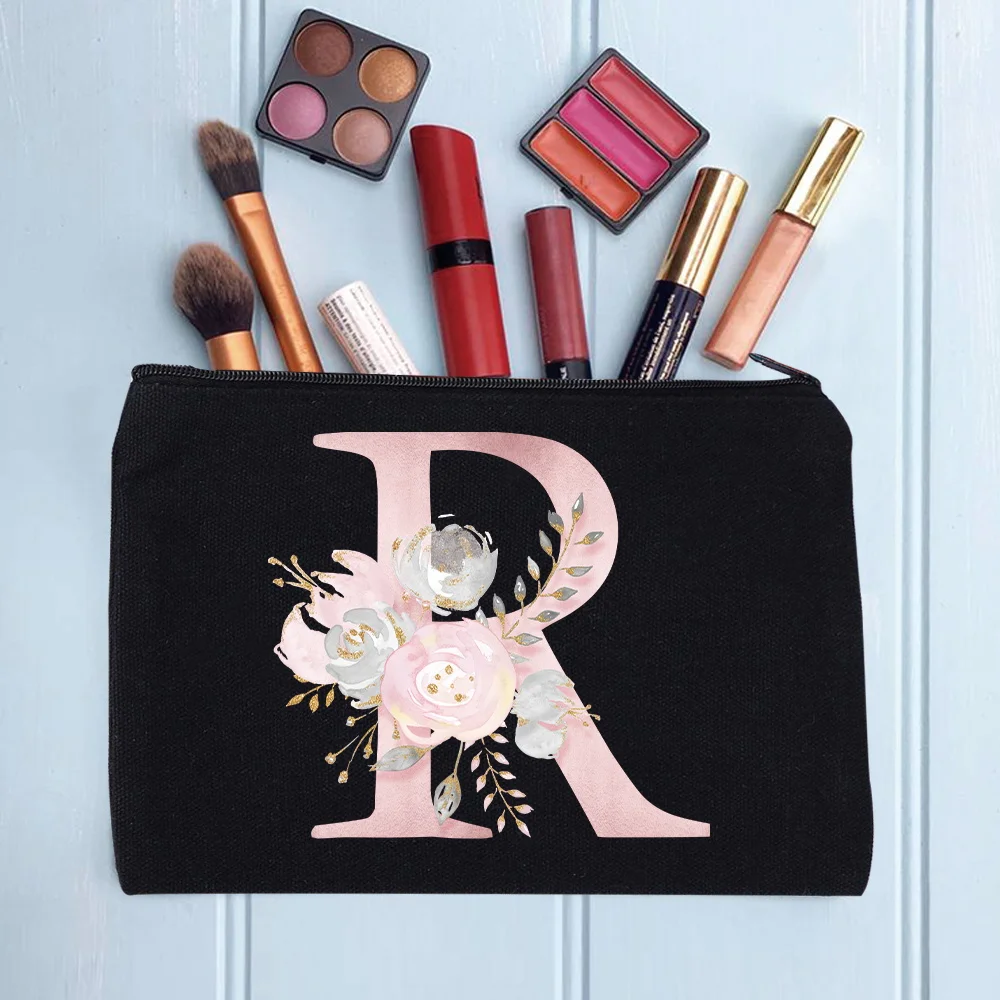 Women's Cosmetic Makeup Bags Female Organizer Pink Flower 26 Letters School Pencil Cases Carrying Bag for Coin Purse