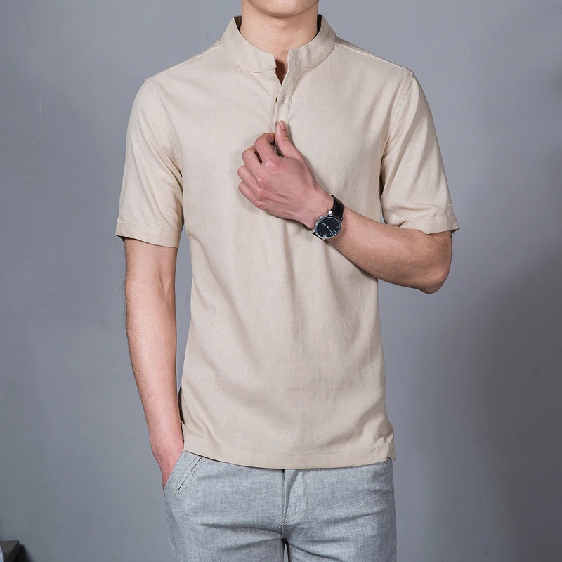 2020! Camiseta con cuello levantado para hombre de manga corta Color sólido estilo chino camisetas lino talla grande 5X|Повседневные