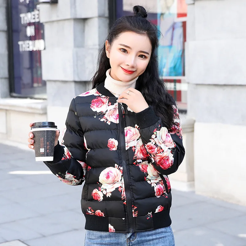 

2018 Winter Floral Cotton Overcoat Women's Short Jacket down Jacket Cotton-padded Clothes Thin Early Winter Versatile Fashion Sm