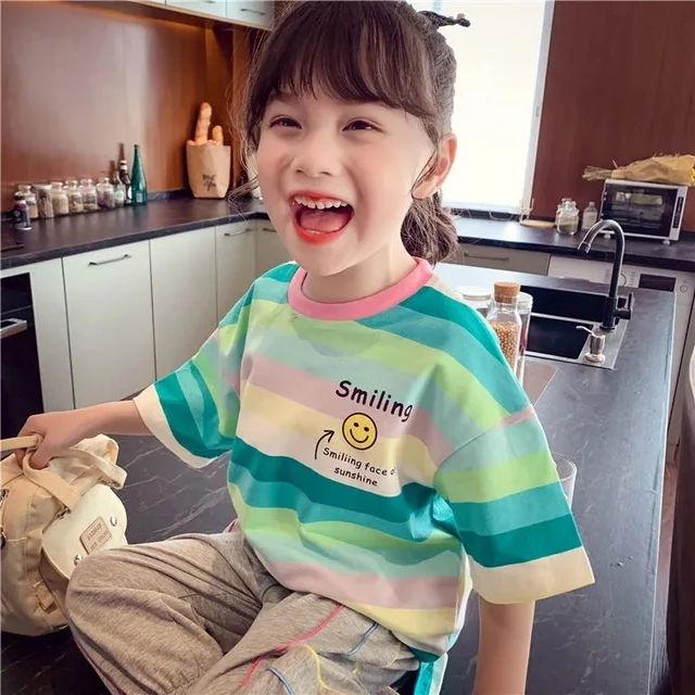 supreme shirt Girls short sleeve T-shirt summer smile face children's leisure half sleeve cotton t-shirts children's striped tees P5156 vintage t shirts T-Shirts