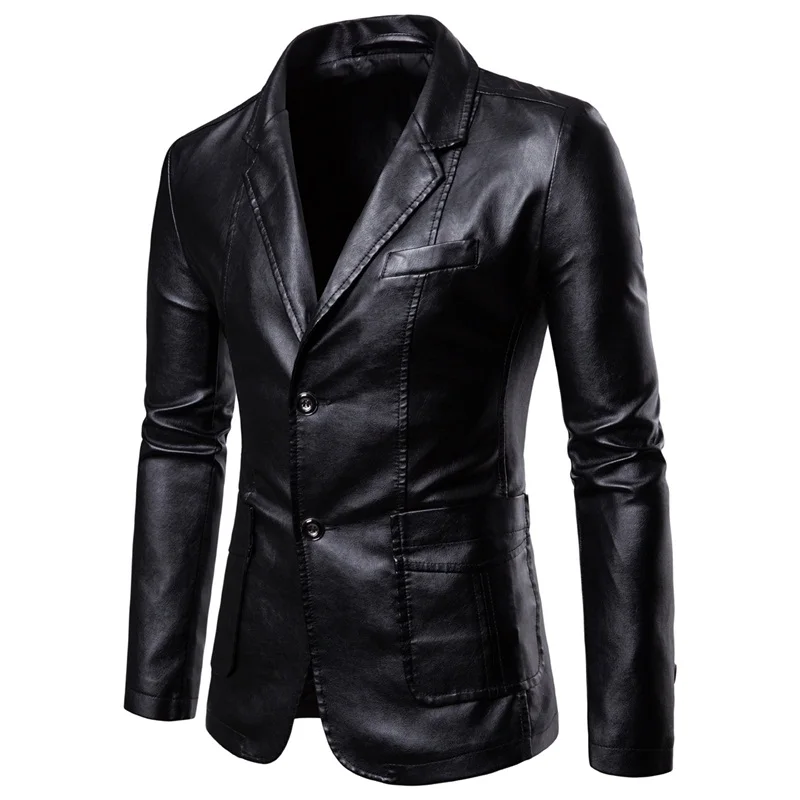 2021 Spring Autumn Fashion New Men's Casual Lapel Leather Dress Suit Coat / Male Fashion Business Casual Pu Blazers Jacket