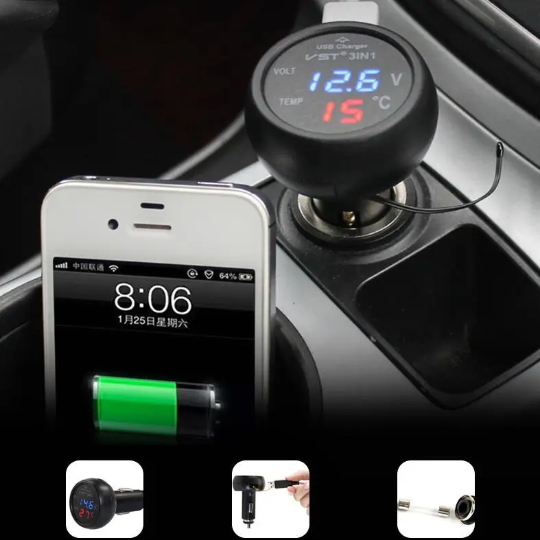 3 In 1 Car Voltmeter On-Board Thermometer Digital Display USB Mobile Phone Charger Multi-Function Auto Interior Parts