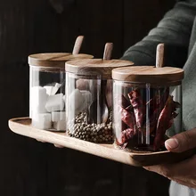 Трехсекционный деревянный набор банок для приправ стеклянные контейнеры солевые сахарные банки с ложкой банки для приправ коробка для специй горшок кухонные принадлежности