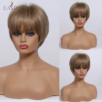 

EASIHAIR Light Brown Short Wigs Bangs Straight Blonde Highlight Wigs Natural Heat Resistant Synthetic Cosplay Wigs for Women