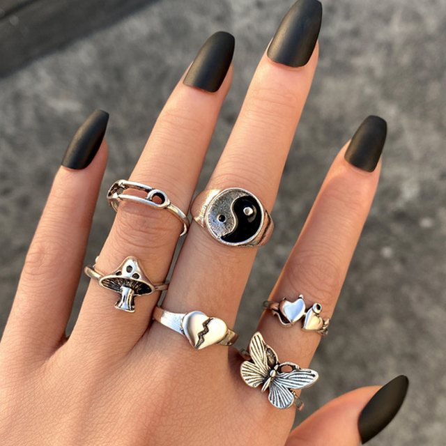 Silver Color Skull Heart Rings Set For Women Men Gothic Chain Retro Rings 2021 Trend Fashion Jewelry