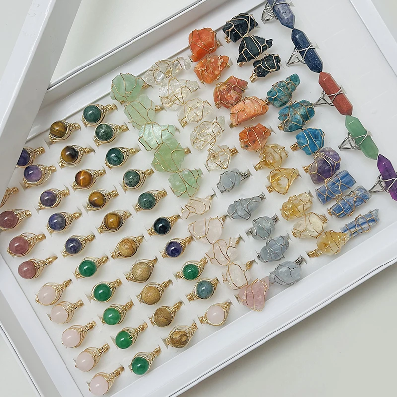 Anillos de piedras naturales de fantasía mujer, joyas de preciosas envueltas en alambre dorado a la moda, joyería de cristal ajustable, regalos|Anillos| - AliExpress
