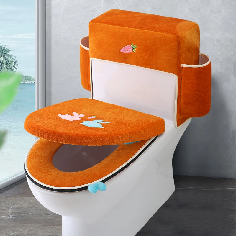 Orange Rabbit Чехол для сиденья унитаза, комплект из 3 предметов, бархатная теплая подушка для сиденья, домашняя Водонепроницаемая Антибактериальная крышка водяного бака для туалета - Цвет: Orange Rabbit
